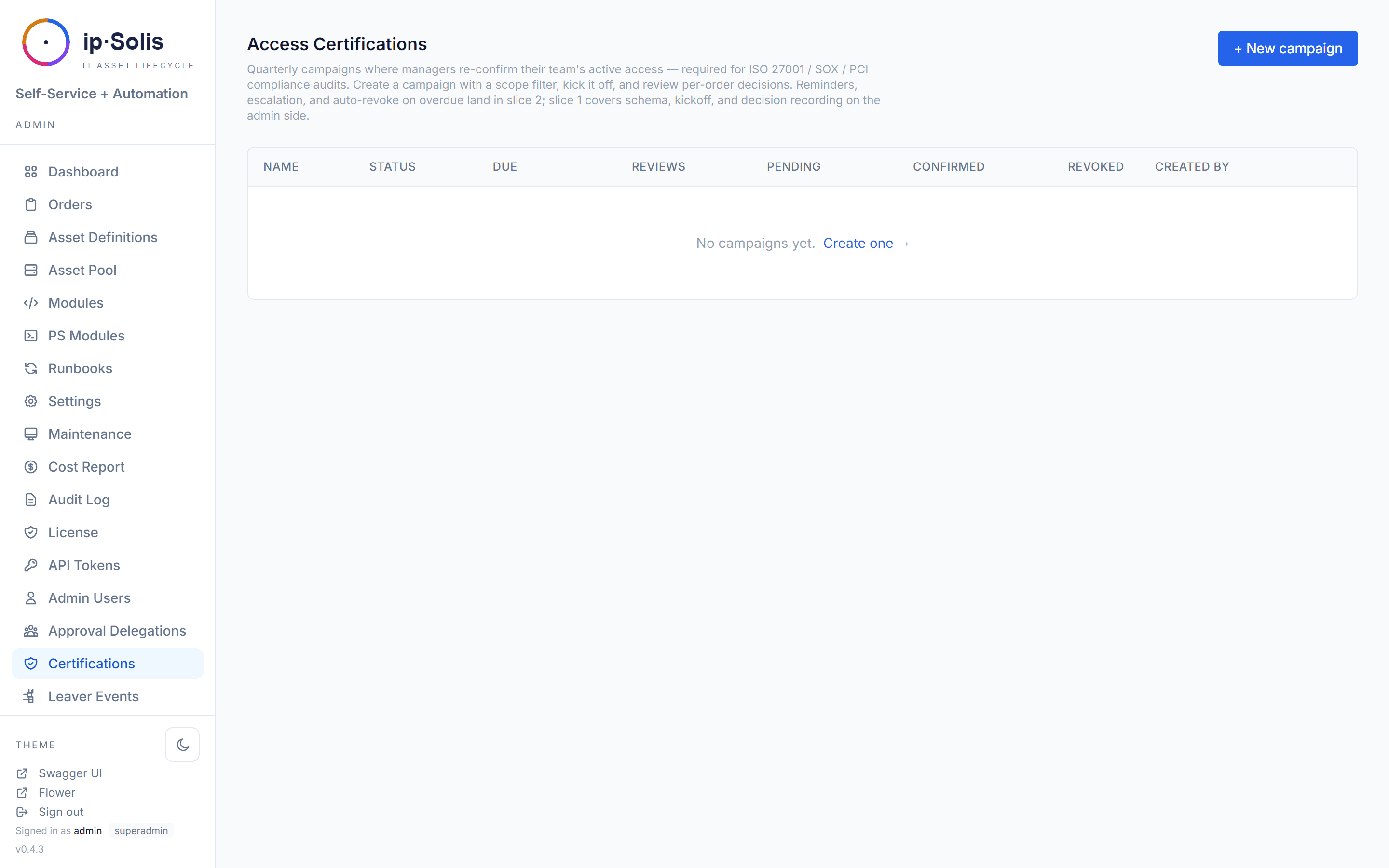 An access certification campaign with manager review queue and progress tracker.