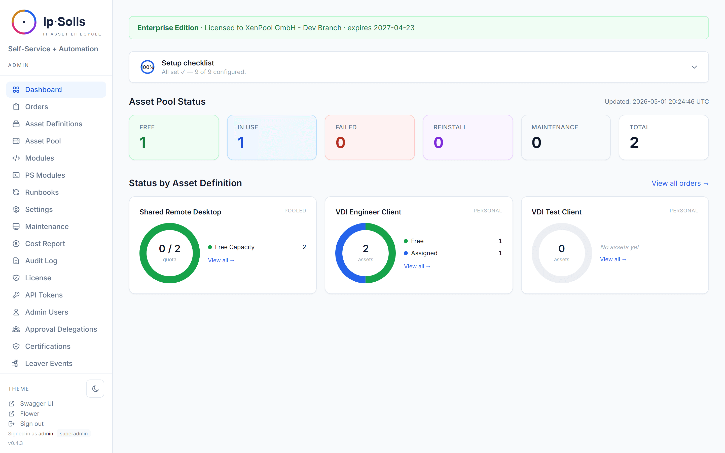 The ip·Solis administrator dashboard with order queue, runbook activity and cost overview.