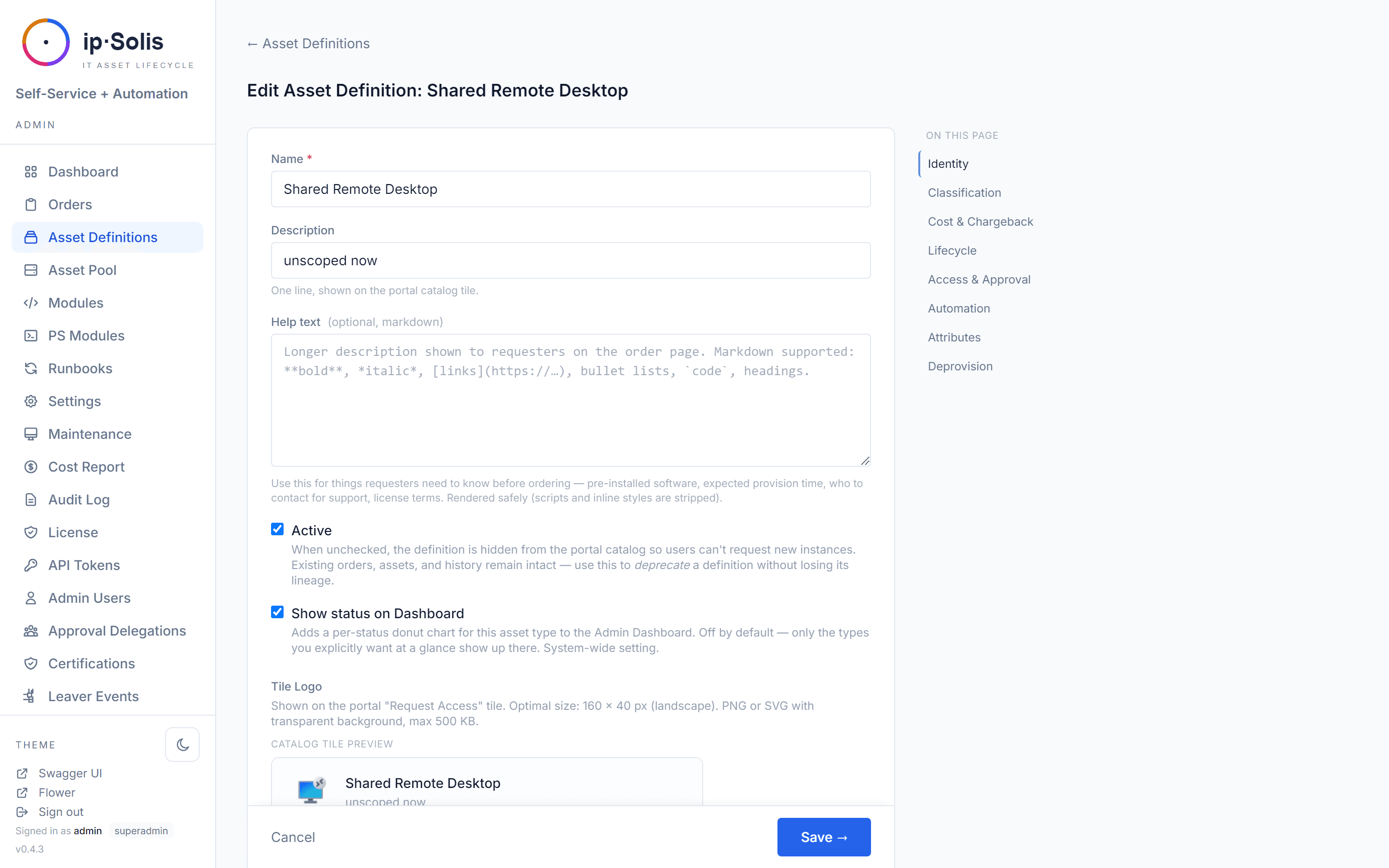 Editing an asset definition with assignment model, capacity, runbooks and entitlements.