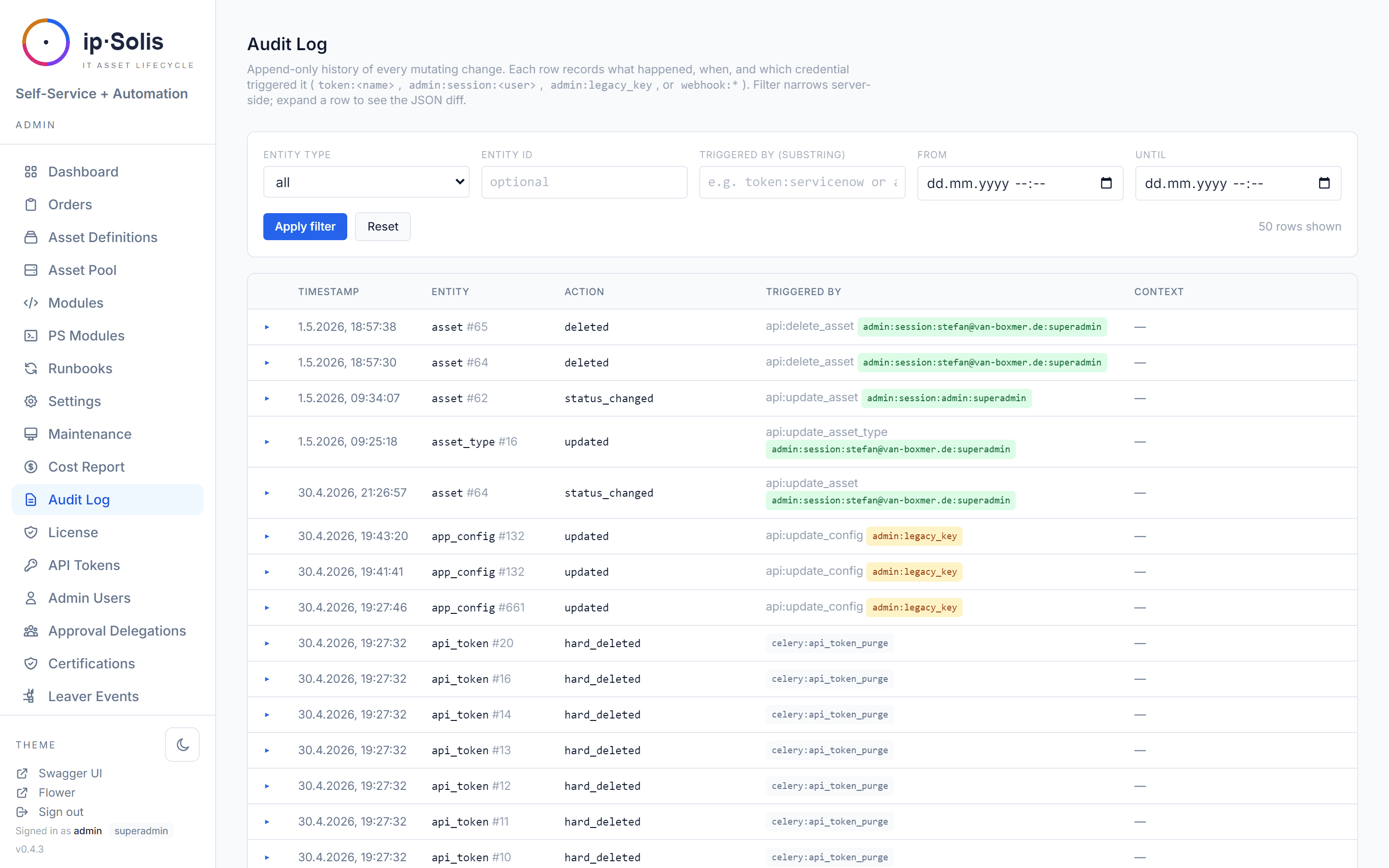 The audit log with attribution, filterable timeline and an expanded JSON diff.