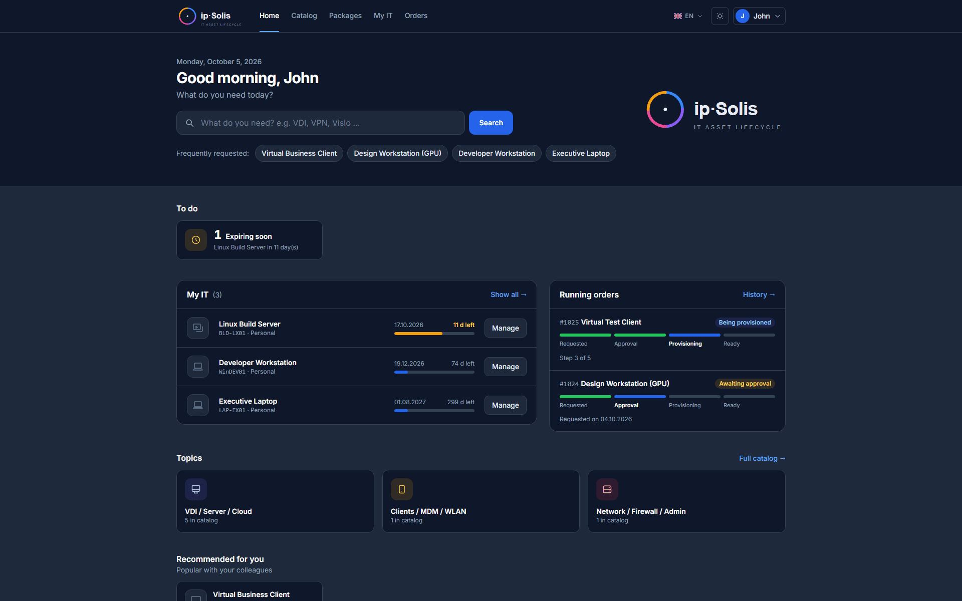 The ip·Solis employee portal home — search, to-dos, My IT with expiry dates, running orders with step-by-step progress, and topics.