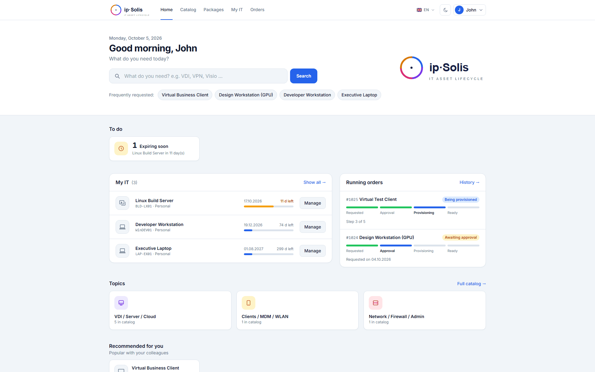 The ip·Solis employee portal home — search, to-dos, My IT with expiry dates, running orders with step-by-step progress, and topics.