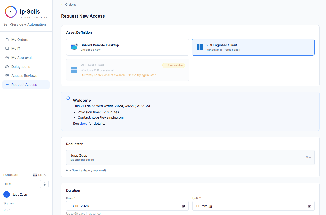 The ip·Solis employee portal — Request Access view with an entitlement-aware catalogue, requester details and validity dates.