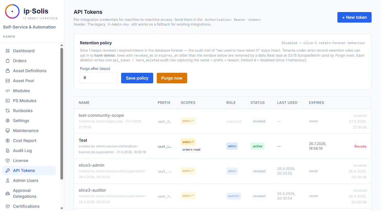API tokens page