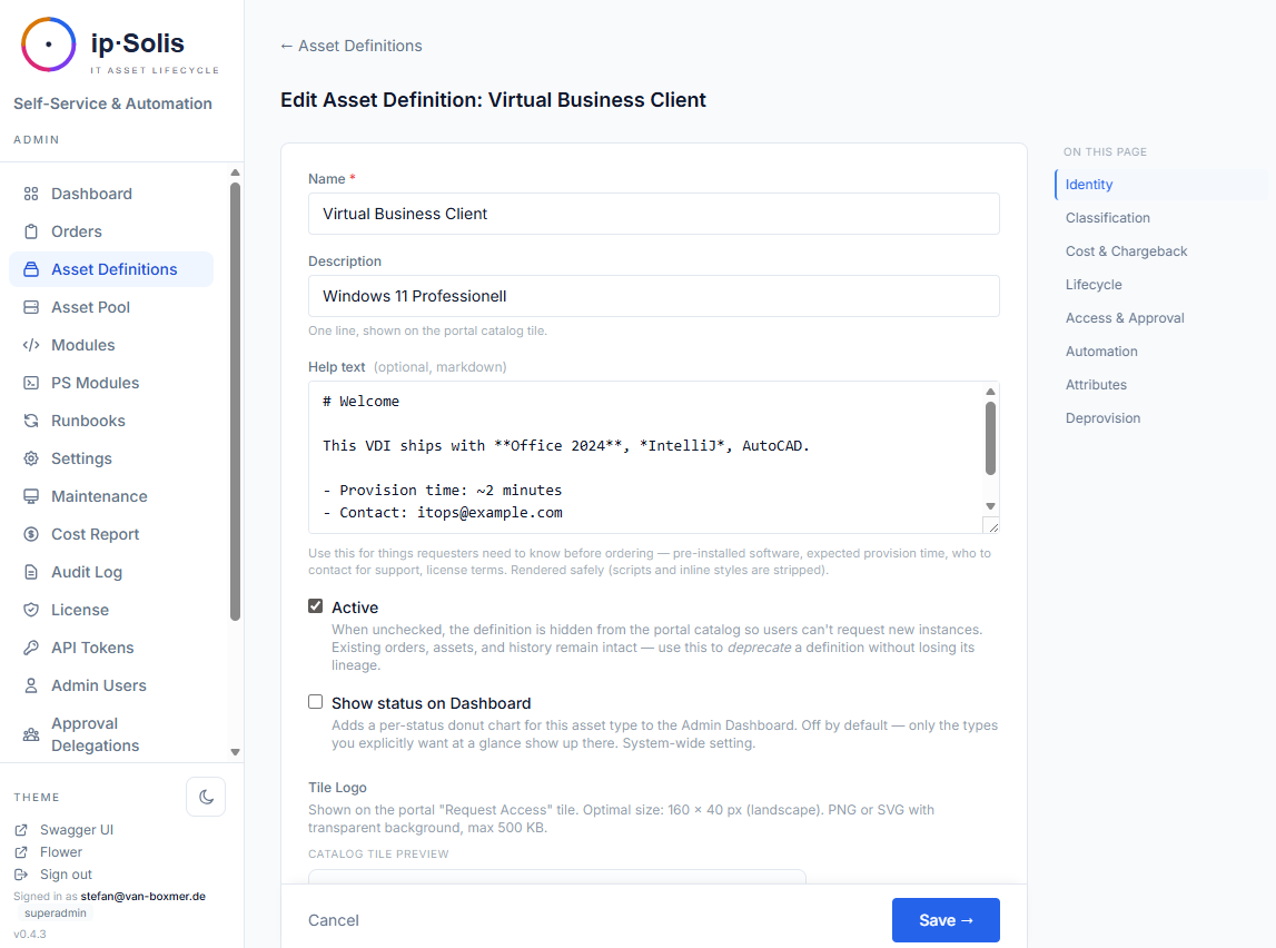 Asset type configuration form
