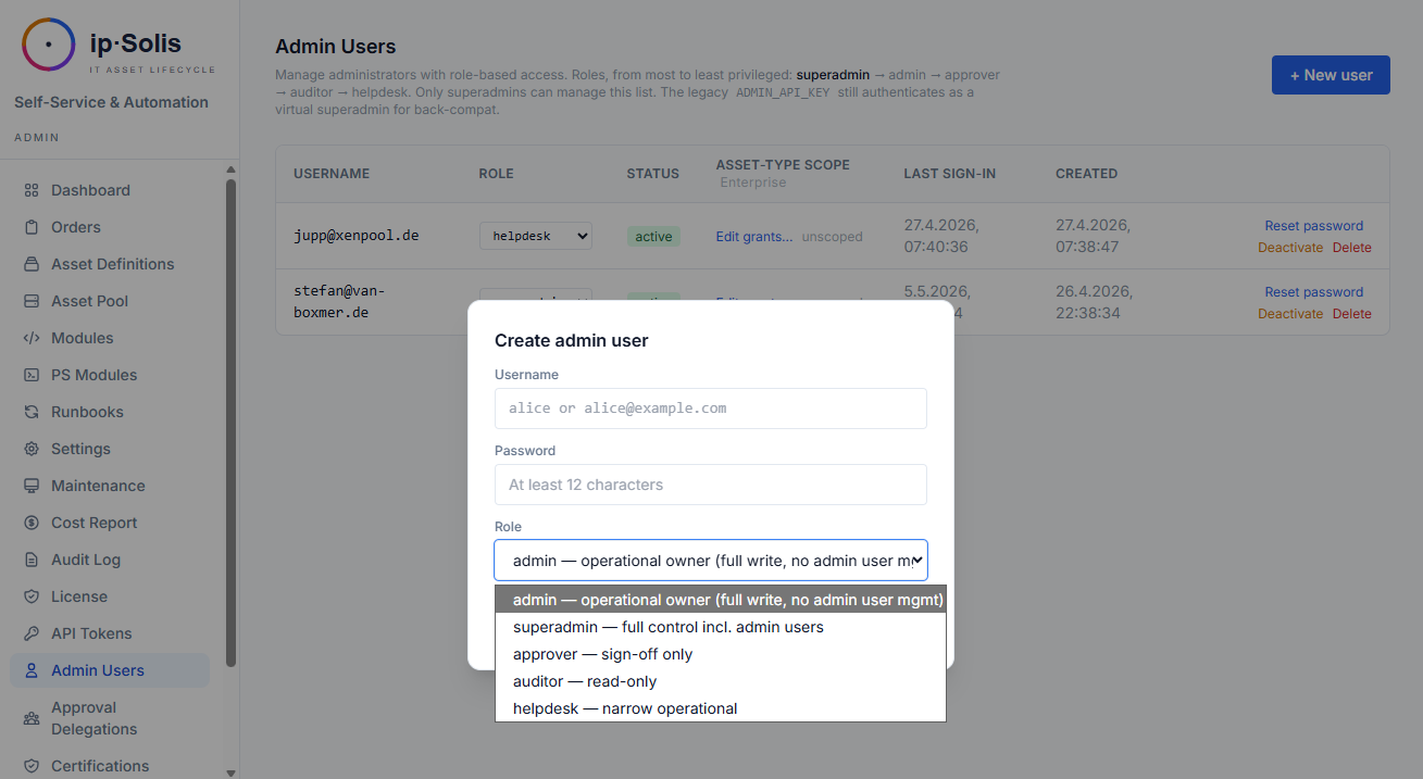 Admin users RBAC page